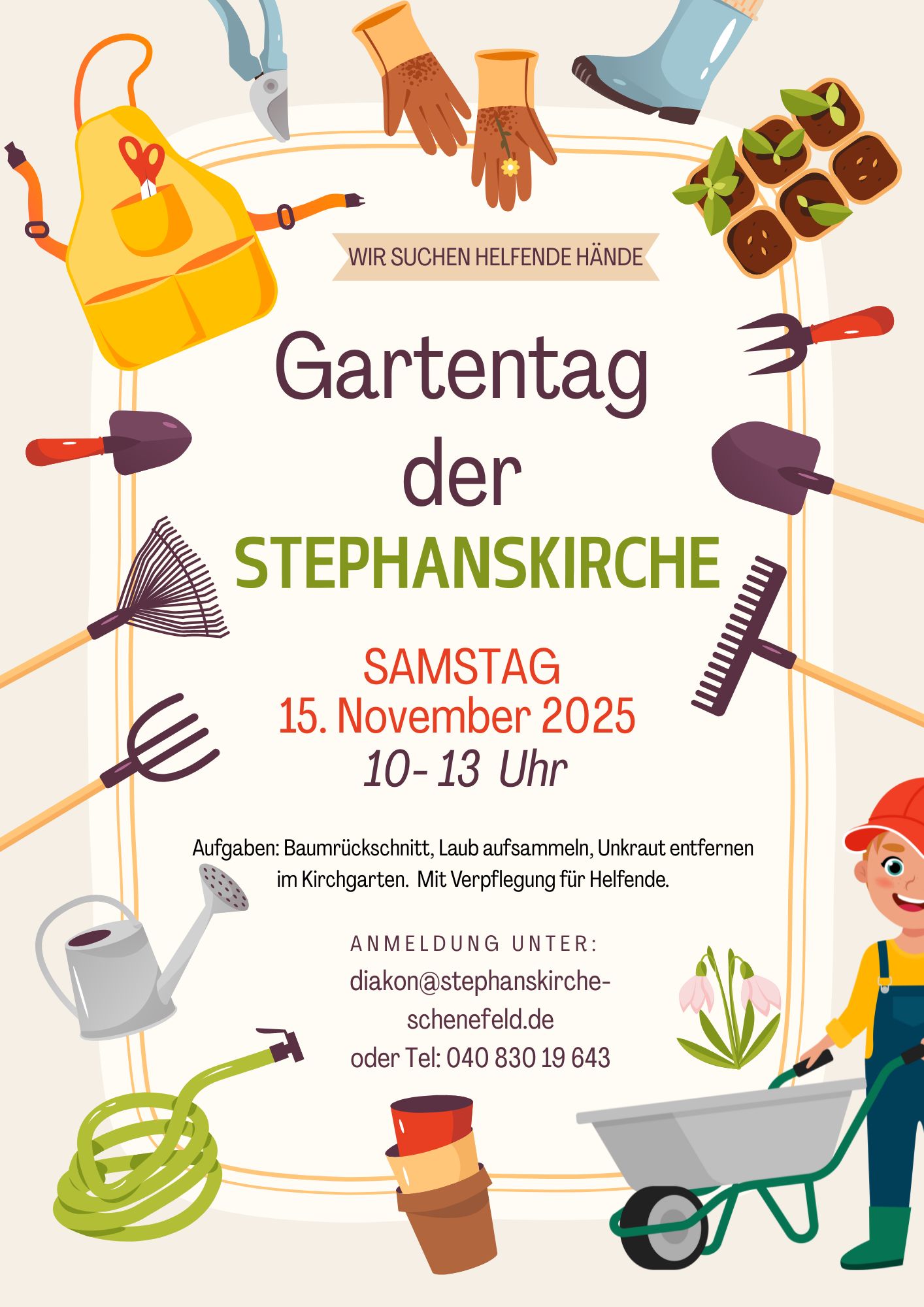 Helfende Hände werden gesucht: Beim Gartentag der Stephanskirche wird der Kirchgarten winterfest gemacht: Rückschnitt, Blumenzwiebeln pflanzen und Hochbeet-Vorbereitung. Kommt vorbei. Wir starten um 10 Uhr.